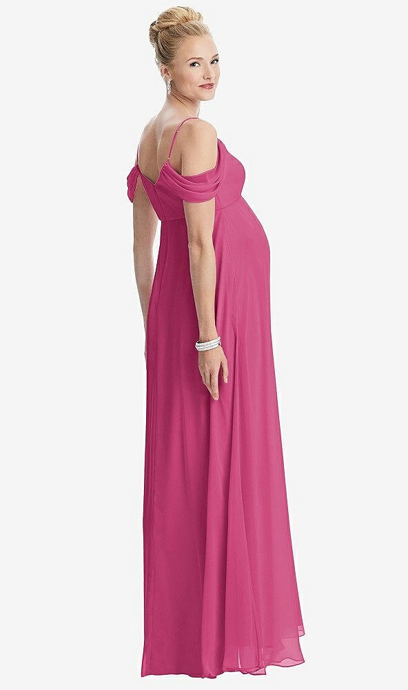 Back View - Tea Rose Draped Cold-Shoulder Chiffon Maternity Dress