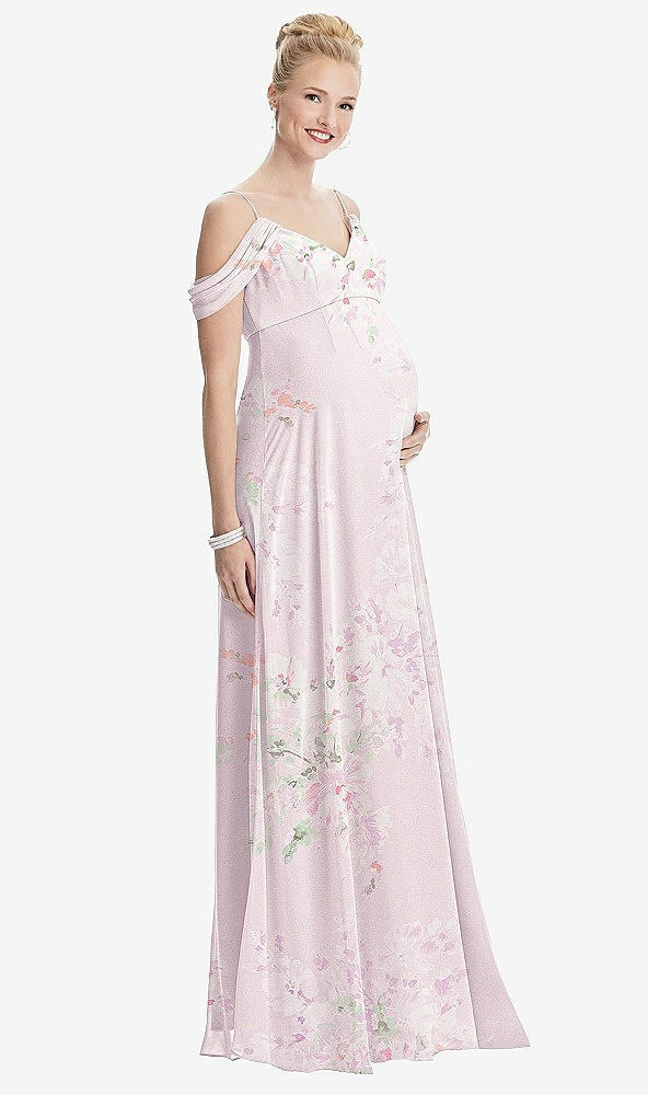 Front View - Watercolor Print Draped Cold-Shoulder Chiffon Maternity Dress