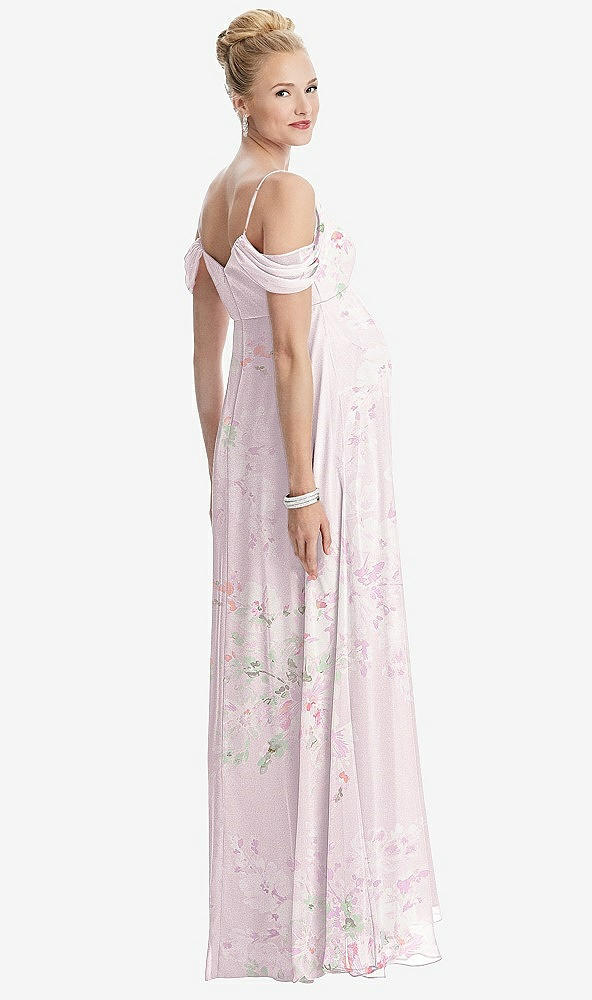 Back View - Watercolor Print Draped Cold-Shoulder Chiffon Maternity Dress