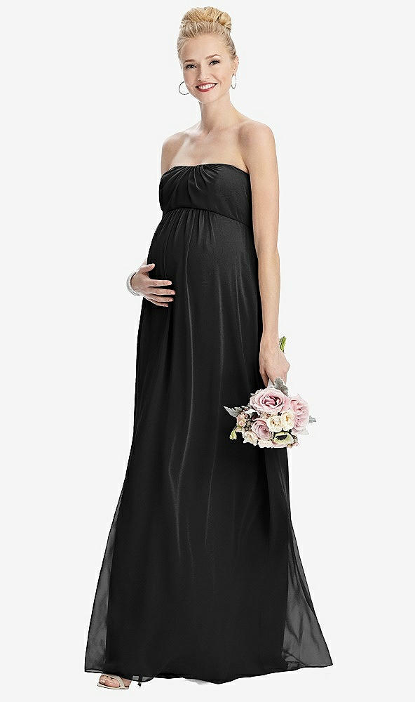 Front View - Black Strapless Chiffon Shirred Skirt Maternity Dress