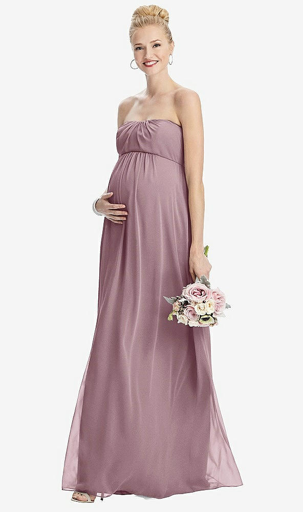 Front View - Dusty Rose Strapless Chiffon Shirred Skirt Maternity Dress