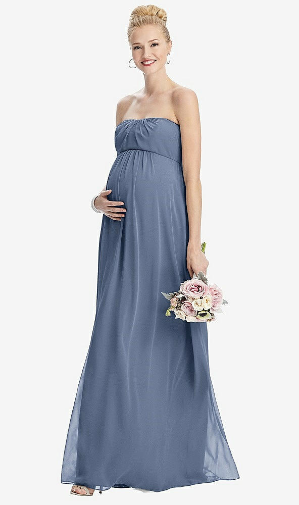 Front View - Larkspur Blue Strapless Chiffon Shirred Skirt Maternity Dress