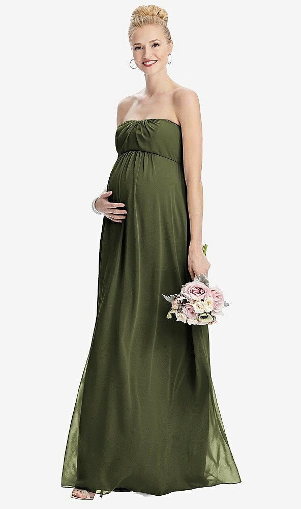 Front View - Olive Green Strapless Chiffon Shirred Skirt Maternity Dress