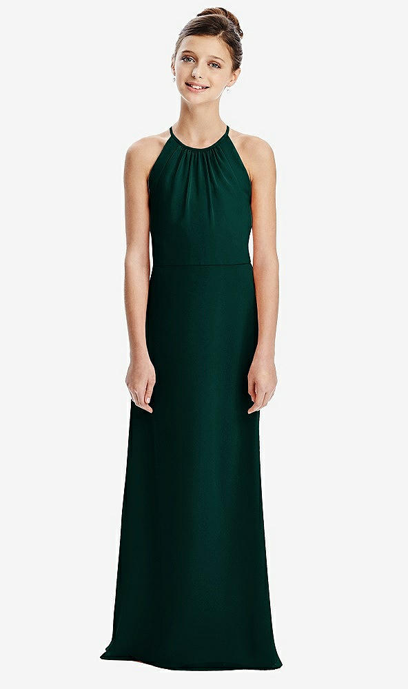 Back View - Evergreen Shirred Jewel Neck Chiffon Juniors Dress