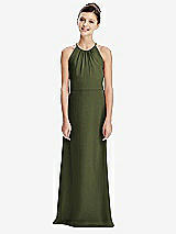 Rear View Thumbnail - Olive Green Shirred Jewel Neck Chiffon Juniors Dress