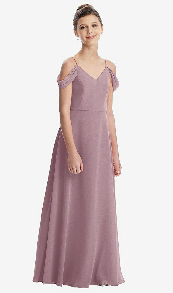 Front View - Dusty Rose Draped Cold Shoulder Chiffon Juniors Dress