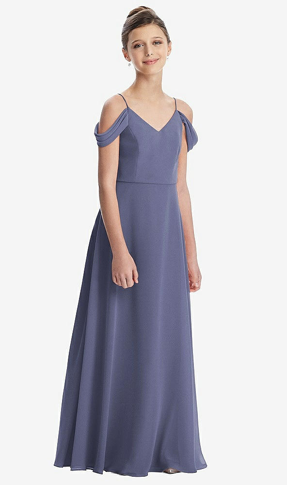 Front View - French Blue Draped Cold Shoulder Chiffon Juniors Dress