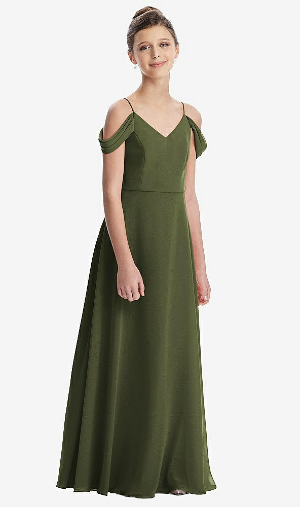 Front View - Olive Green Draped Cold Shoulder Chiffon Juniors Dress