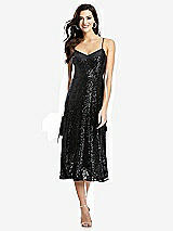 Front View Thumbnail - Black Spaghetti Strap Flared Skirt Sequin Midi Dress