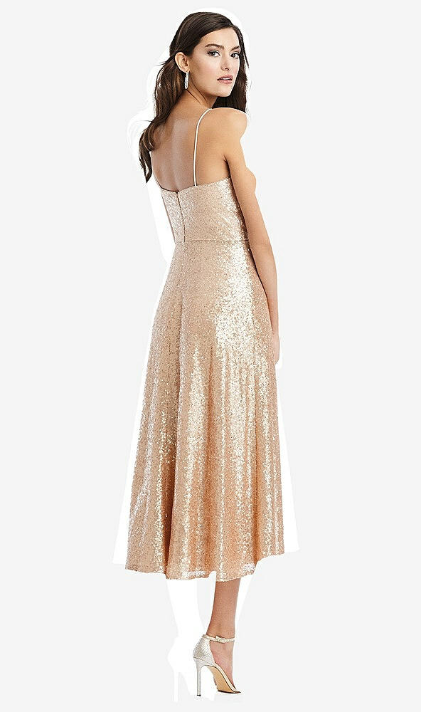 Back View - Rose Gold Spaghetti Strap Flared Skirt Sequin Midi Dress