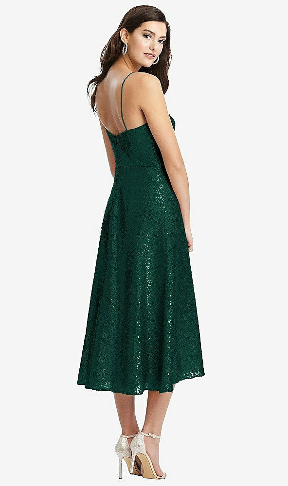 Back View - Hunter Green Spaghetti Strap Flared Skirt Sequin Midi Dress