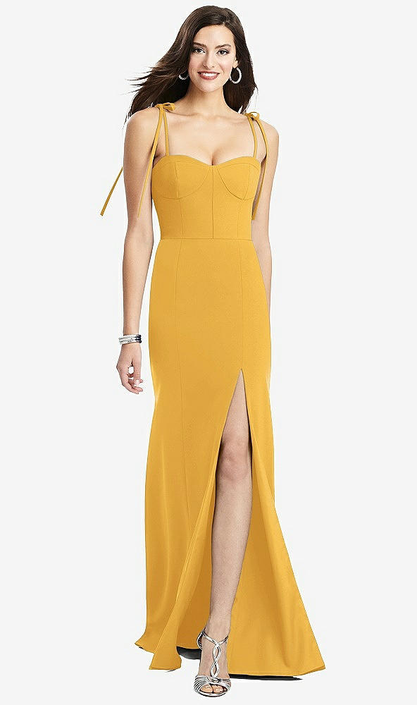 Front View - NYC Yellow Bustier Crepe Gown with Adjustable Bow Straps