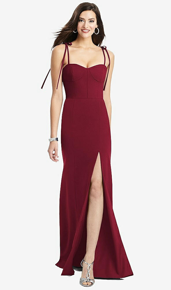 Front View - Burgundy Bustier Crepe Gown with Adjustable Bow Straps