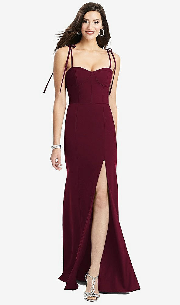 Front View - Cabernet Bustier Crepe Gown with Adjustable Bow Straps