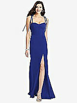 Front View Thumbnail - Cobalt Blue Bustier Crepe Gown with Adjustable Bow Straps
