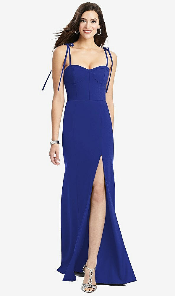 Front View - Cobalt Blue Bustier Crepe Gown with Adjustable Bow Straps