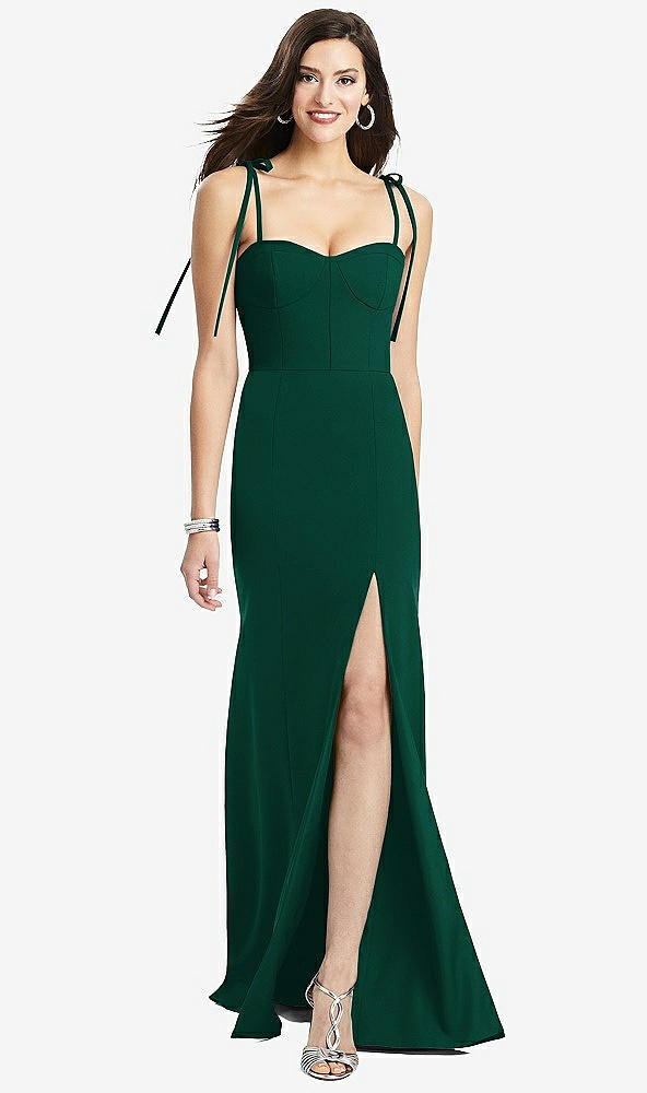 Front View - Hunter Green Bustier Crepe Gown with Adjustable Bow Straps