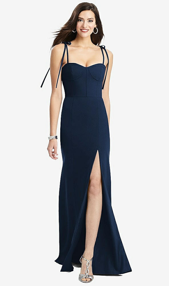 Front View - Midnight Navy Bustier Crepe Gown with Adjustable Bow Straps