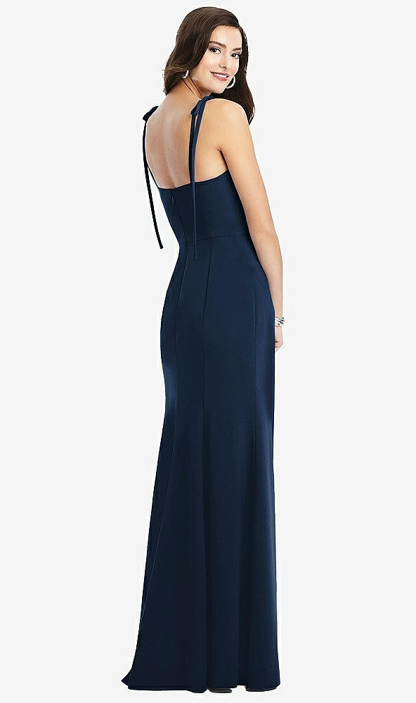 Back View - Midnight Navy Bustier Crepe Gown with Adjustable Bow Straps