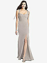Front View Thumbnail - Taupe Bustier Crepe Gown with Adjustable Bow Straps