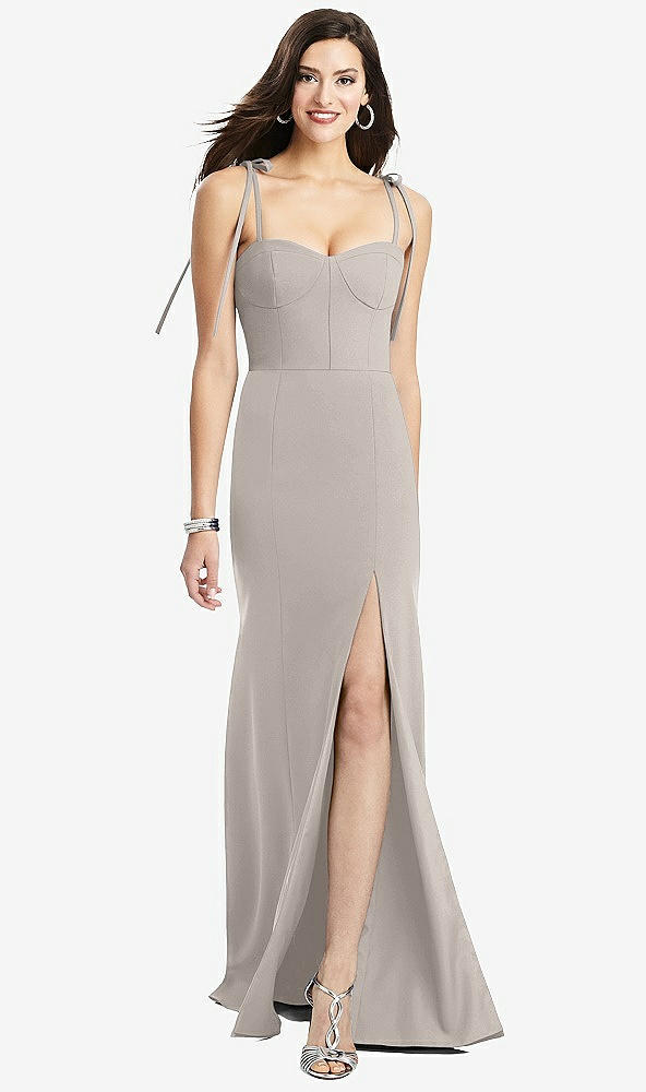 Front View - Taupe Bustier Crepe Gown with Adjustable Bow Straps