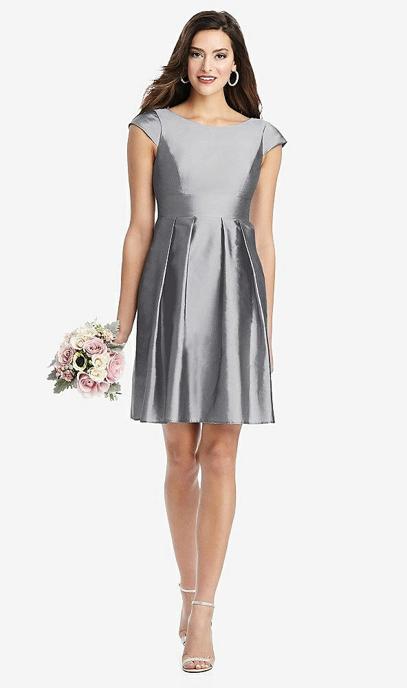 Front View - French Gray Cap Sleeve Pleated Skirt Cocktail Dress with Pockets