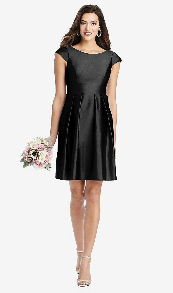 Front View - Black Cap Sleeve Pleated Skirt Cocktail Dress with Pockets