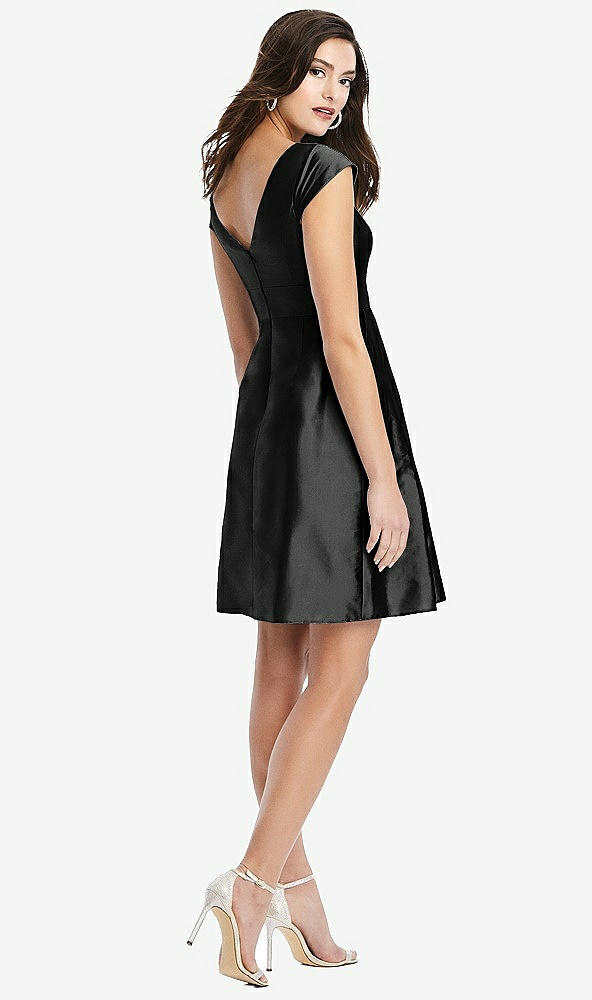 Back View - Black Cap Sleeve Pleated Skirt Cocktail Dress with Pockets