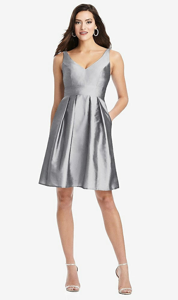 Front View - French Gray Sleeveless Pleated Skirt Cocktail Dress with Pockets