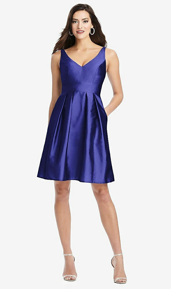 Front View - Electric Blue Sleeveless Pleated Skirt Cocktail Dress with Pockets