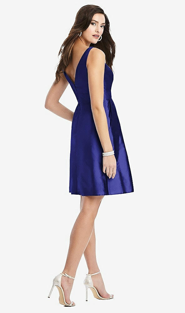 Back View - Electric Blue Sleeveless Pleated Skirt Cocktail Dress with Pockets