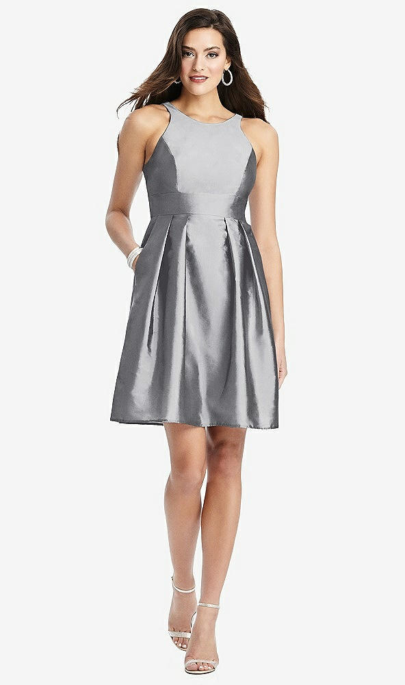 Front View - French Gray Halter Pleated Skirt Cocktail Dress with Pockets