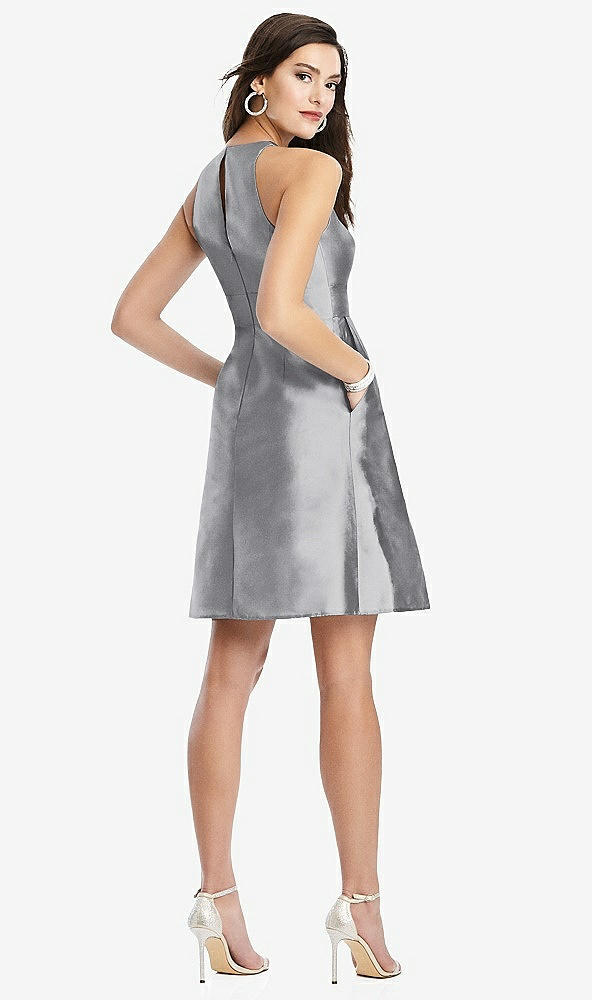 Back View - French Gray Halter Pleated Skirt Cocktail Dress with Pockets