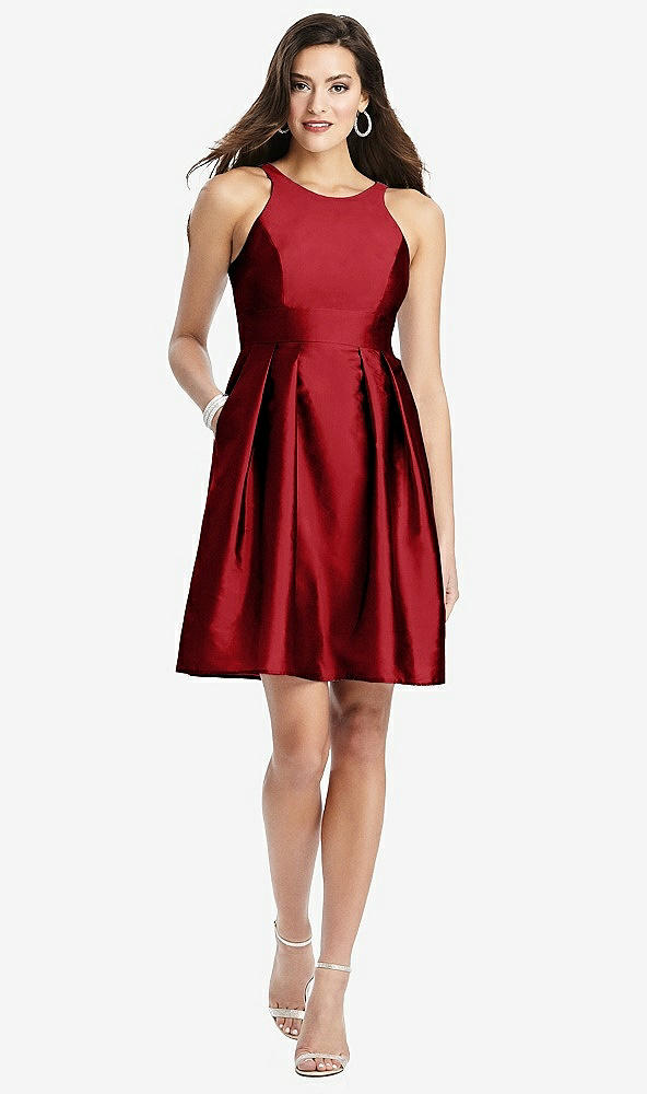 Front View - Garnet Halter Pleated Skirt Cocktail Dress with Pockets