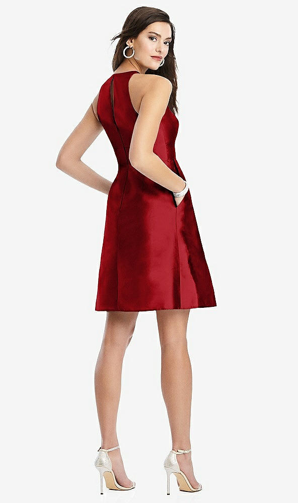 Back View - Garnet Halter Pleated Skirt Cocktail Dress with Pockets