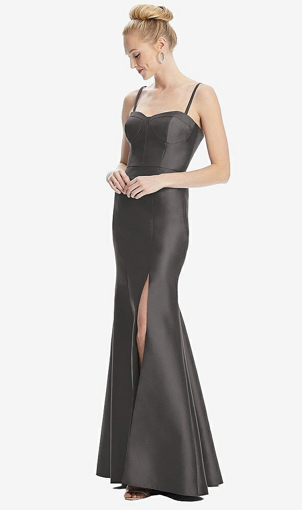 Front View - Caviar Gray Bustier Bodice Satin Trumpet Gown
