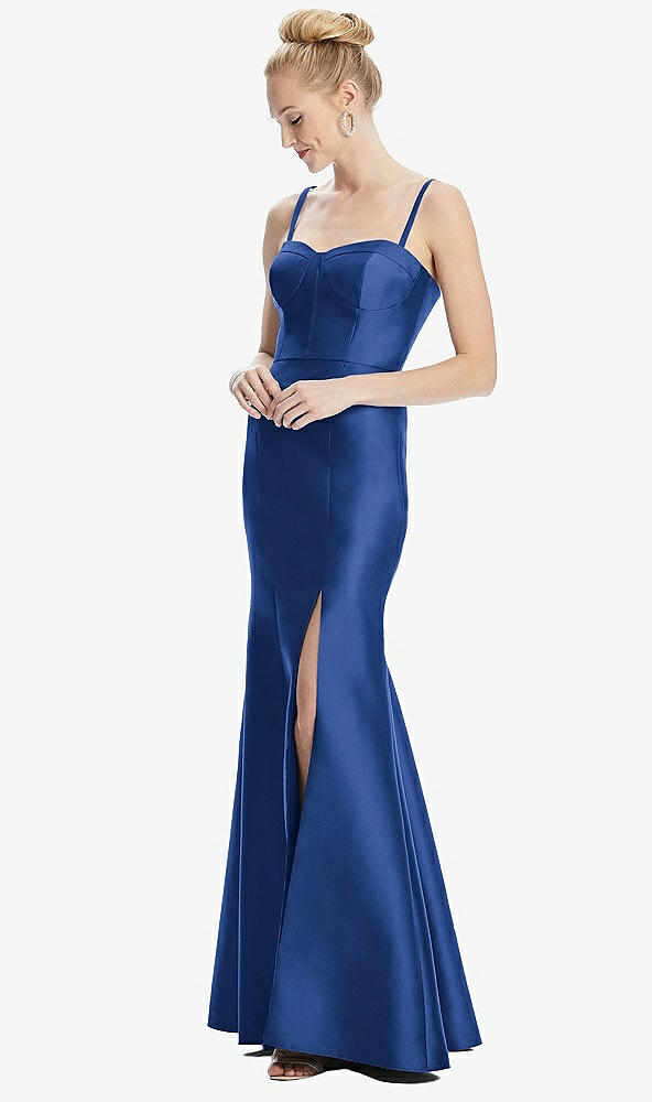 Front View - Classic Blue Bustier Bodice Satin Trumpet Gown