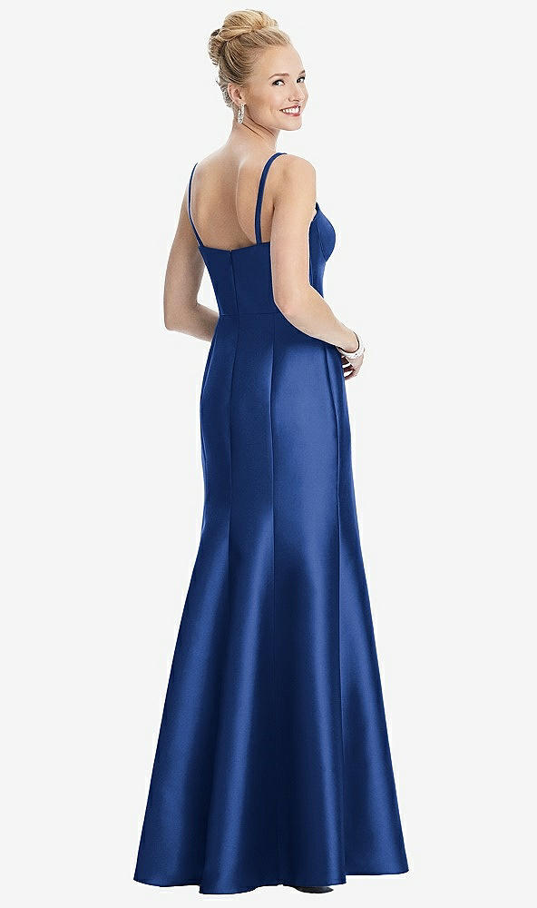 Back View - Classic Blue Bustier Bodice Satin Trumpet Gown