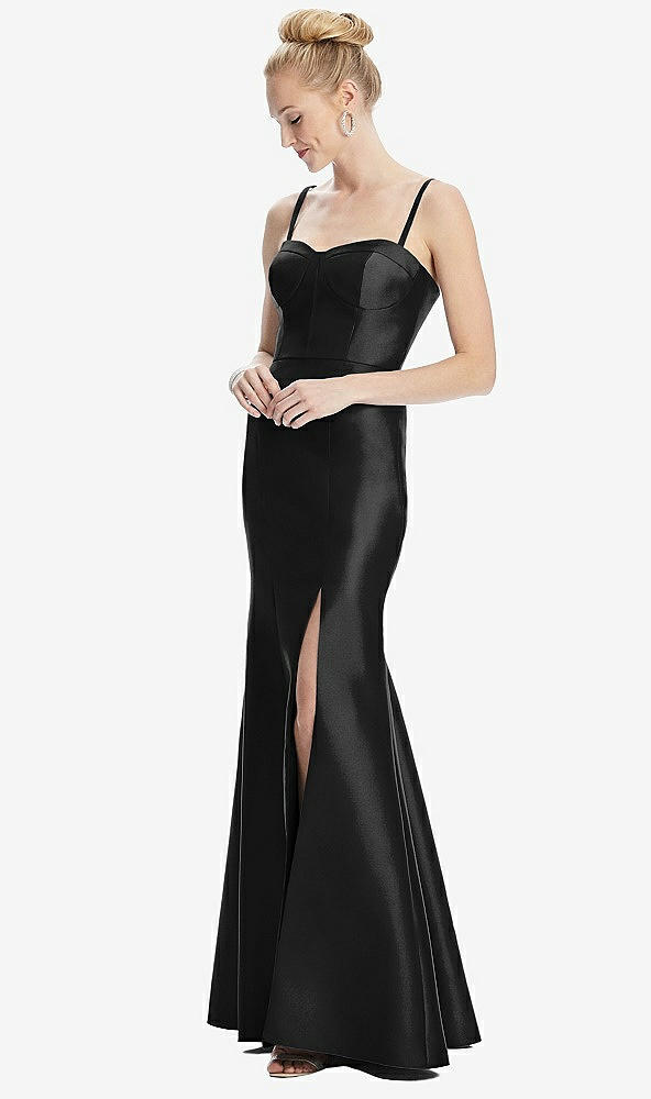 Front View - Black Bustier Bodice Satin Trumpet Gown