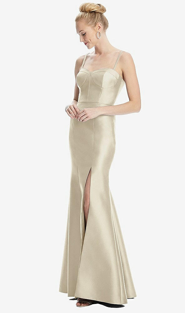 Front View - Champagne Bustier Bodice Satin Trumpet Gown