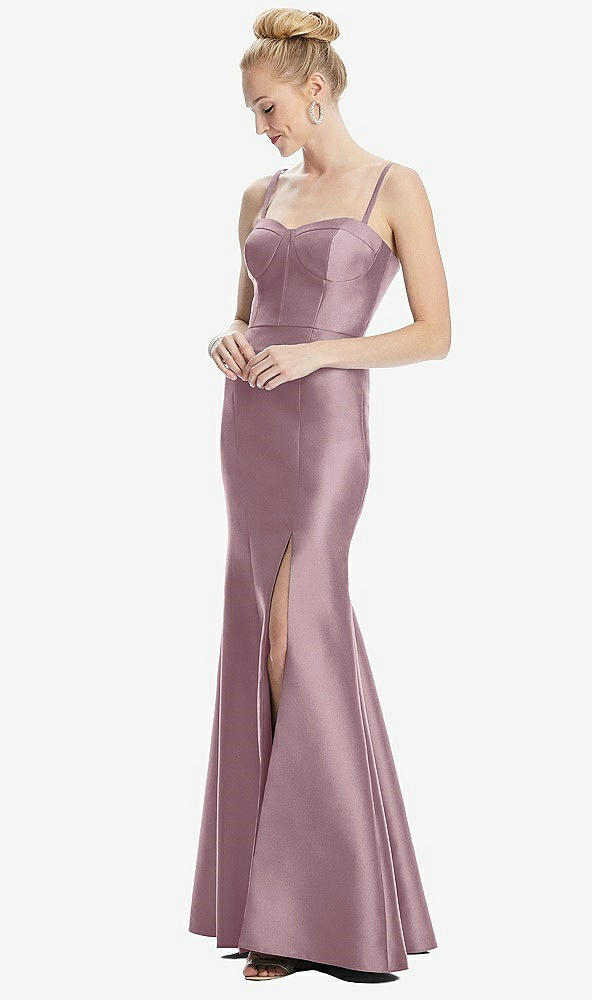 Front View - Dusty Rose Bustier Bodice Satin Trumpet Gown