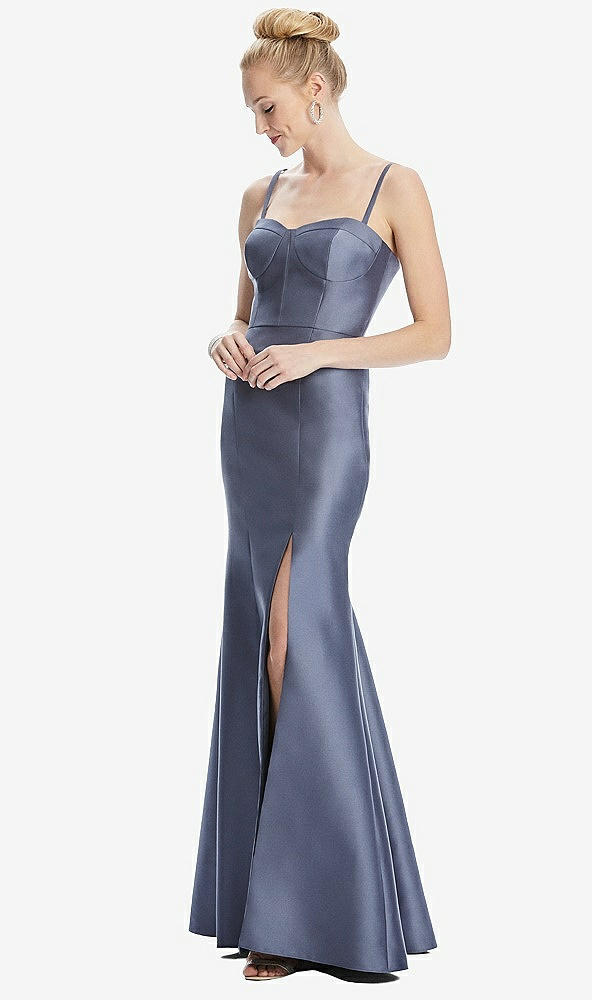 Front View - French Blue Bustier Bodice Satin Trumpet Gown