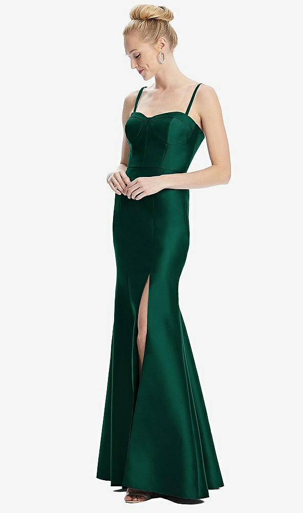 Front View - Hunter Green Bustier Bodice Satin Trumpet Gown