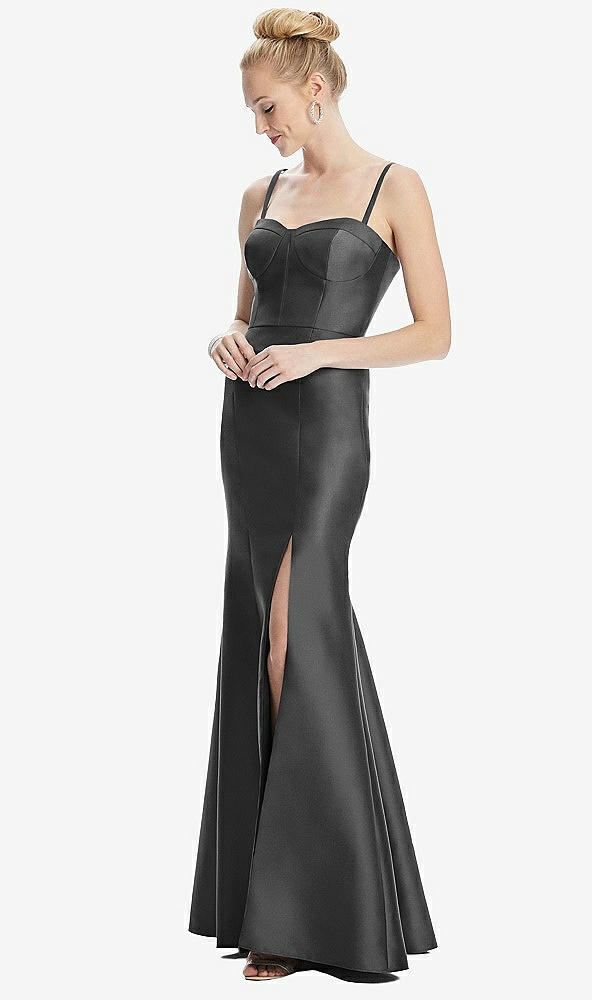 Front View - Pewter Bustier Bodice Satin Trumpet Gown