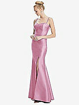 Front View Thumbnail - Powder Pink Bustier Bodice Satin Trumpet Gown