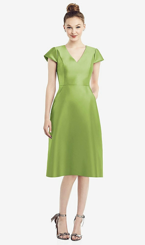 Front View - Mojito Cap Sleeve V-Neck Satin Midi Dress with Pockets