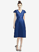 Front View Thumbnail - Classic Blue Cap Sleeve V-Neck Satin Midi Dress with Pockets
