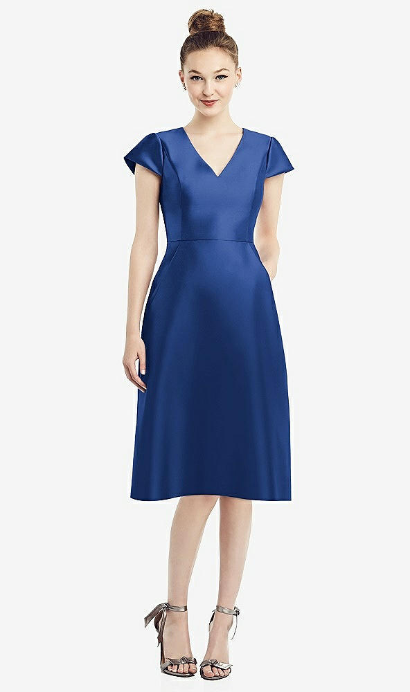 Front View - Classic Blue Cap Sleeve V-Neck Satin Midi Dress with Pockets