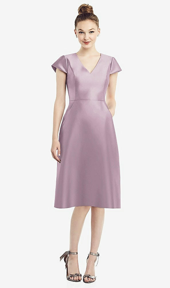 Front View - Suede Rose Cap Sleeve V-Neck Satin Midi Dress with Pockets