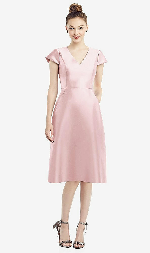 Front View - Ballet Pink Cap Sleeve V-Neck Satin Midi Dress with Pockets